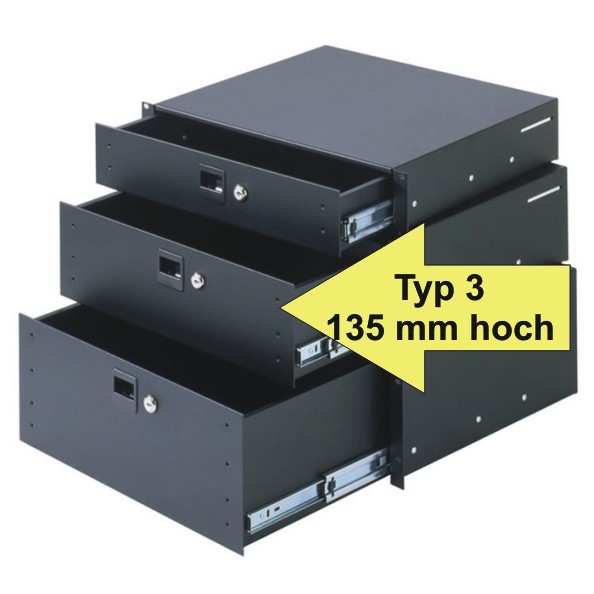 KFO03 Rackschublade, Typ 3 135 mm hoch, HE Aluminium mit Schloß