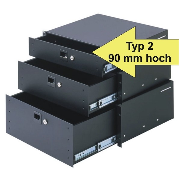 KFO02 Rackschublade, Typ 2 90 mm hoch, HE Aluminium mit Schloß